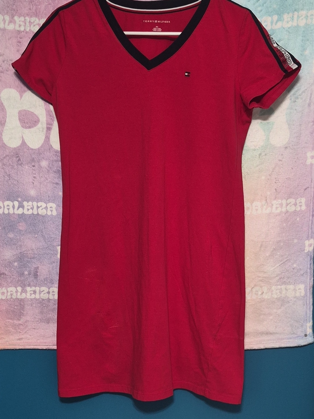 Tommy Hilfiger Red V-Neck Short Sleeve Tee Dress with Navy Trim